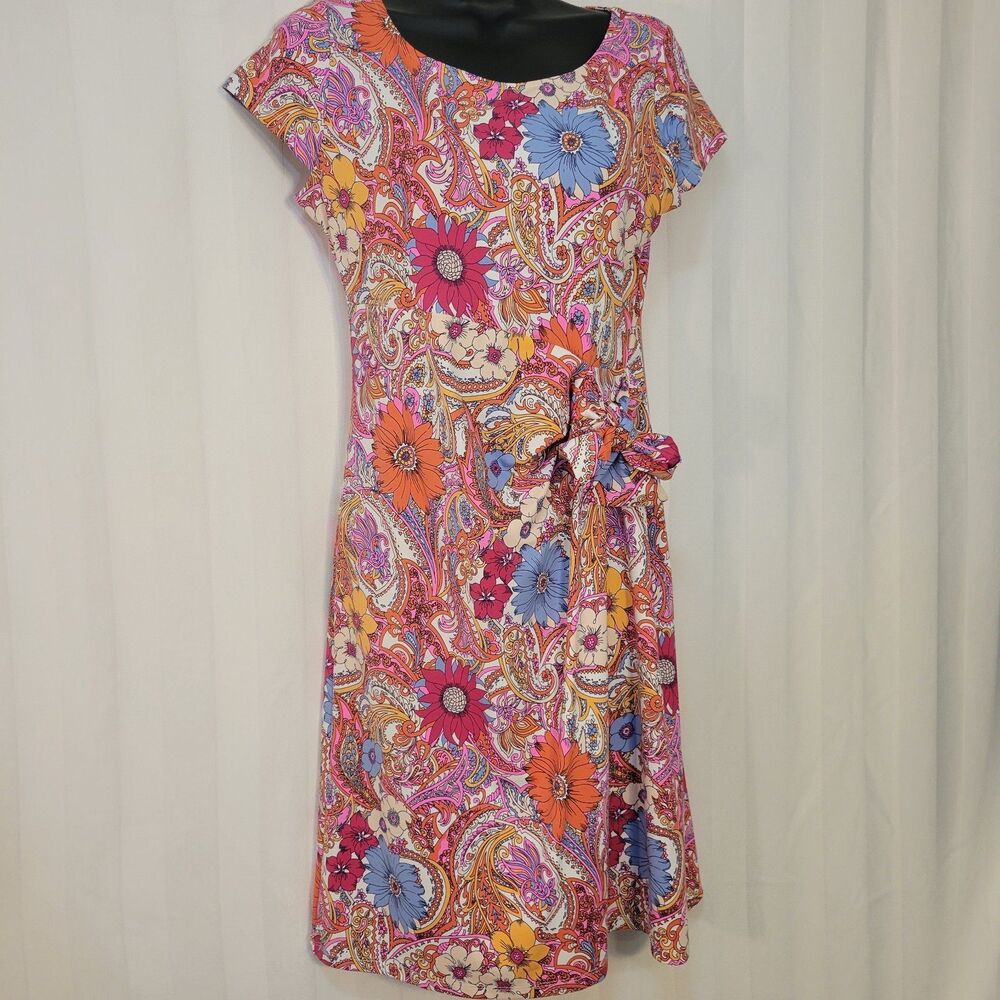 Talbots Island Paisley Side Tie Midi Sheath Dress Cotton Small Petite Colorful